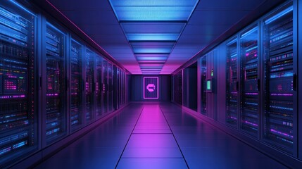 Fototapeta premium A futuristic server room illuminated with neon lights, showcasing technology and data storage.