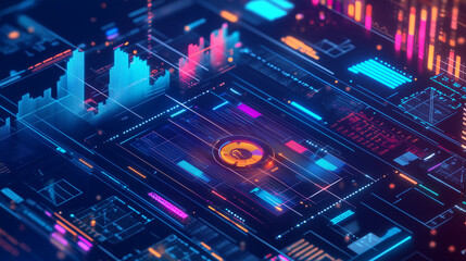 Fototapeta premium Futuristic Digital Interface Visualizing Modern Data Screen Global Indicators, Data Streams, and Complex Forecasting Models