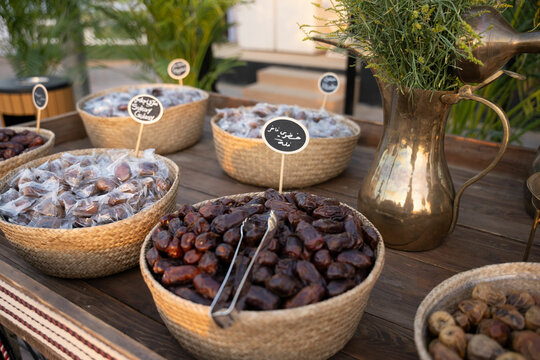 Display of different types of dates in baskets