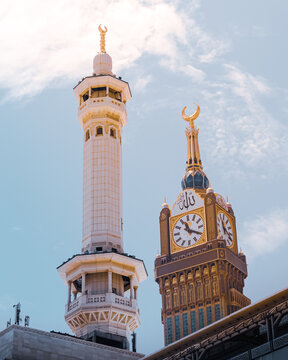 Low angle view of Masjed Al-Haram near the Clock Tower, Saudi Arabia