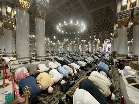 Men practicing sujud while praying in Al Masjid an Nabawi