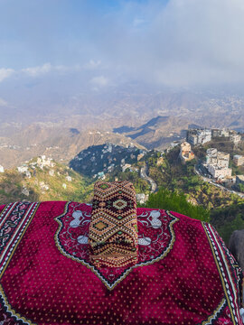 Prayer rug on the edge of a mountain at Jazan, Saudi Arabia