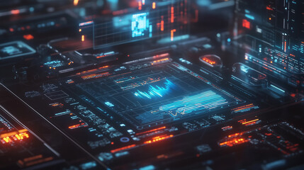 Obraz premium Futuristic Digital Interface Visualizing Modern Data Screen Global Indicators, Data Streams, and Complex Forecasting Models