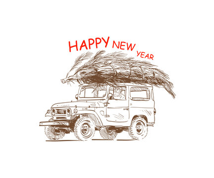 Off road car carries the Christmas tree and gifts. Happy New Year and Merry Christmas greeting card. Sticker design template. Vector art illustration.