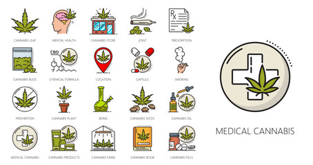 Medical cannabis color line icons, cbd and marijuana, weed extract, hemp plant, seeds, pills and oil. Vector outline green leaves and buds of cannabis or marijuana, prescription, bong and joint signs