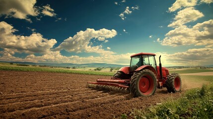 Obraz premium Farmer driving red tractor plowing cultivated field under blue sky