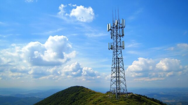 Communication Tower on Mountain Under Blue Sky