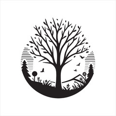 Lone tree with birds and grassy landscape silhouette vector for serene natural scene illustration