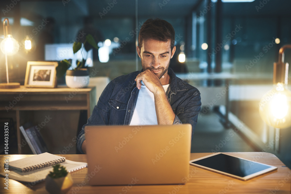 Poster thinking, laptop and business man at night for website, research and online for project. professiona