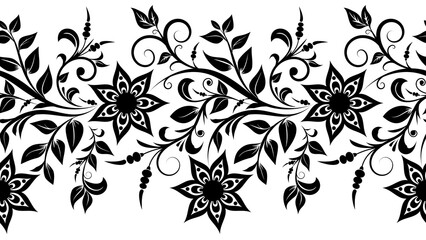 decorative floral seamless black and white border with flowers, swirls, leaves, design element for fabric, textile