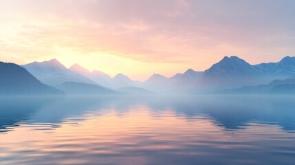 A serene landscape with a mountain range reflected in a still lake under a misty sunset sky.