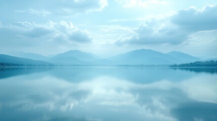 Obraz premium Serene landscape of a tranquil lake with a mountain range in the distance under a blue sky with white clouds. The water is still and reflects the sky and clouds.