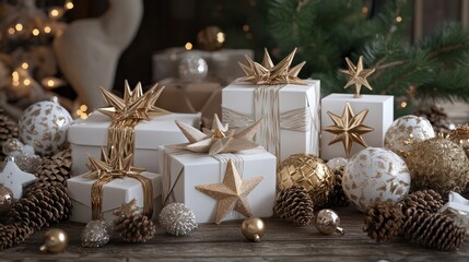 Golden White Christmas Festive Gift Boxes Star Ornaments Pinecones Scene