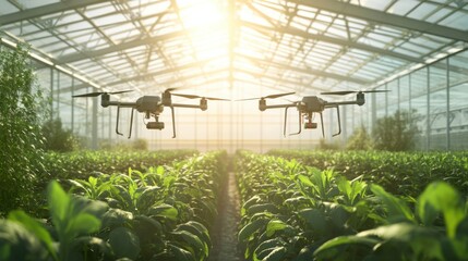 Robotic farming drones pollinating crops in a vast greenhouse ecosystem, Innovative style, photo of