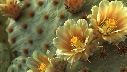 Obraz premium Close-up of vibrant yellow and peach cactus flowers blooming amidst a green cactus background.