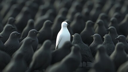 Obraz premium White bird standing confidently, unmatched by crowd of colorful birds image