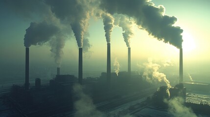 Smoke plumes rise from industrial chimneys into the sky against a hazy, sunlit background.