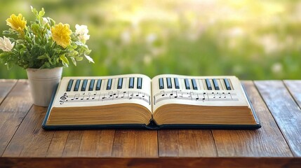A beautiful open piano book on a wooden table with a vase of flowers in a natural outdoor setting.