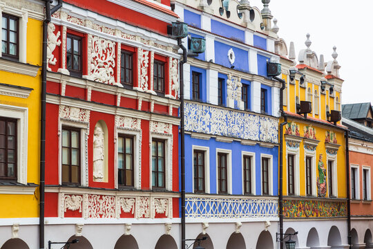 Colorful houses in the city centre of Zamosc at Christmas. Details of the facade, UNESCO. Zamosc, Poland