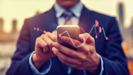 Businessman using smartphone with financial graphs overlay in urban setting.