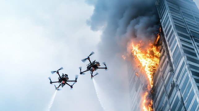 Robotic firefighting drones battling a blazing skyscraper inferno, Innovative style, photo of