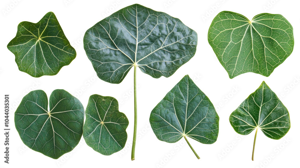 Poster assorted green leaves on transparent background generative ai