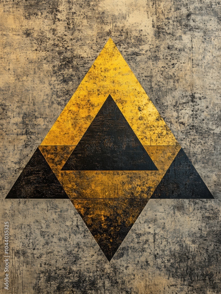 Poster Triangular shapes in black and yellow are arranged asymmetrically on a weathered gray background, showcasing intriguing textures and colors. Generative AI