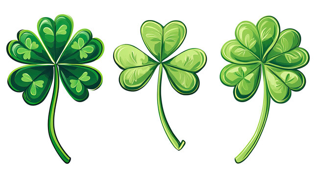 Collection of Three Green Lucky Clovers on a Transparent Background Generative AI