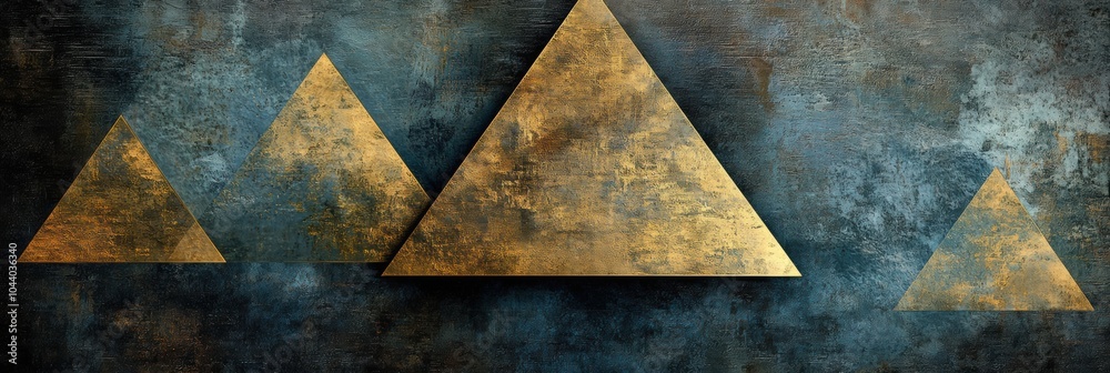 Aufkleber Asymmetrical triangular shapes in gold are layered over a richly textured dark backdrop, creating a captivating visual interplay. Generative AI