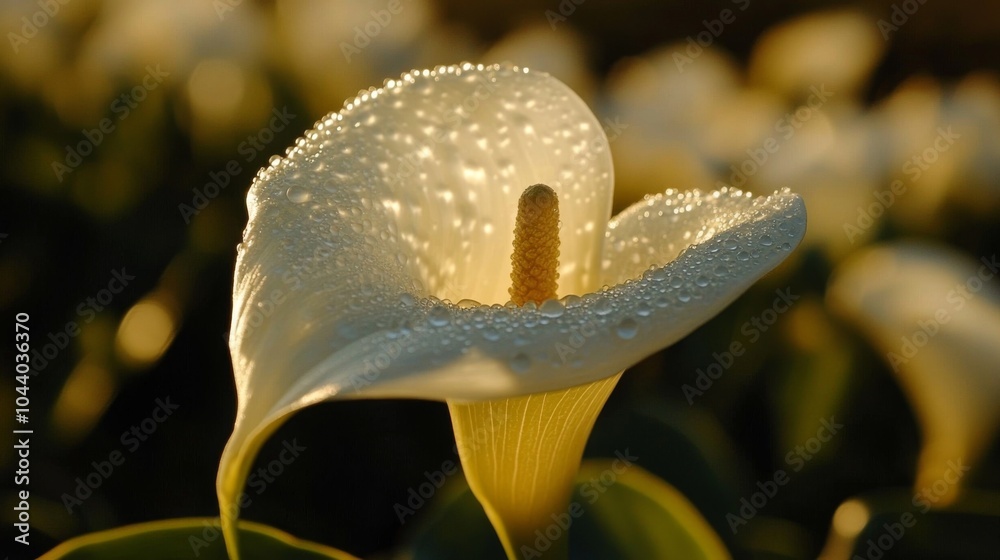 Poster elegant calla lily with dew drops in soft light