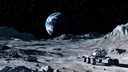 Robotic lunar exploration mission on the moon's surface, Futuristic style, photo of