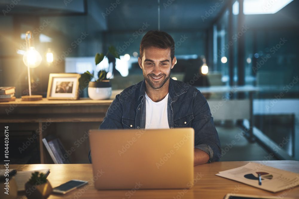 Poster office, laptop and business man at night for website, research and online for project. professional,