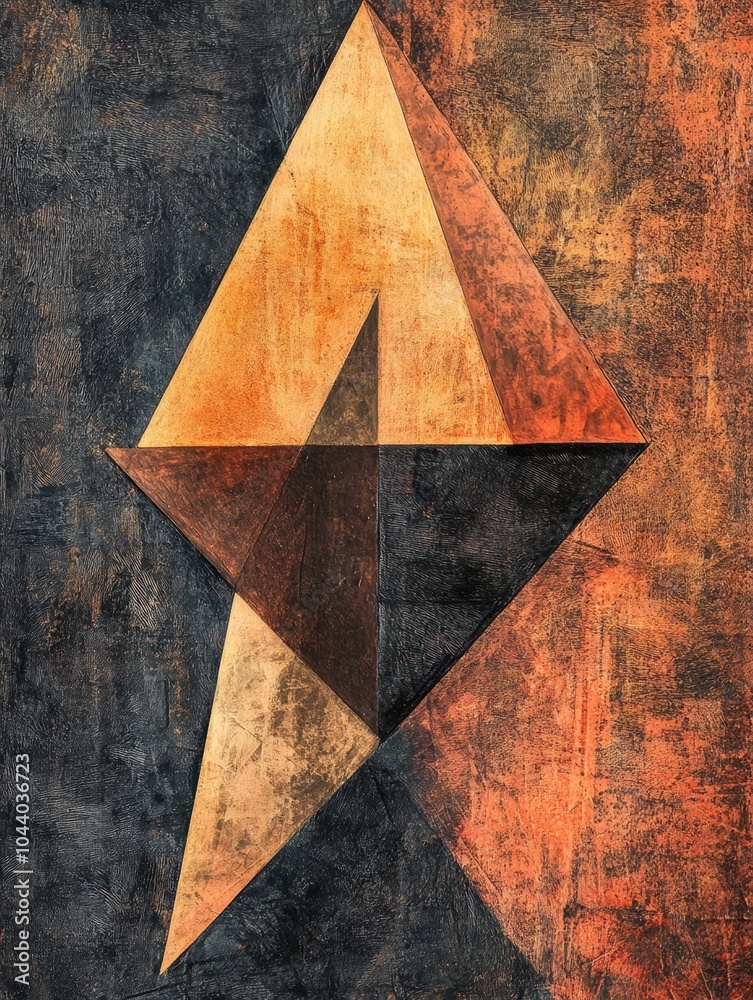 Poster warm triangular shapes interact in a dynamic arrangement against a richly textured backdrop, showcas
