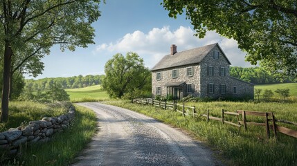 Obraz premium Quaint stone farmhouse along a picturesque gravel road framed by lush greenery and pastures under a bright sky.
