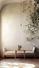 Minimalist Interior with Wooden Sofa, Greenery, Table, and Pendant Lamp in Natural Light.