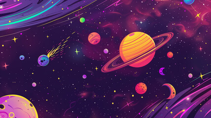 Naklejka premium A magical and enchanting pattern filled with planets, stars, and moons. Perfect for children's products, space-themed decor, and creative projects.