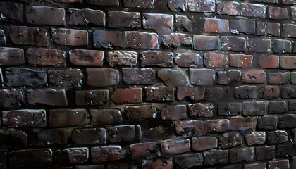 A close-up view of a textured brick wall, showcasing rich tones with a glossy finish and uneven surfaces, conveying an industrial vibe.