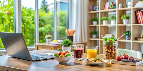Fototapeta premium Office Desk with Freshly Prepared Healthy Snacks and Beverages for Productivity Boost