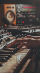 Close-up hands playing synthesizer keyboard dimly lit music studio sound equipment