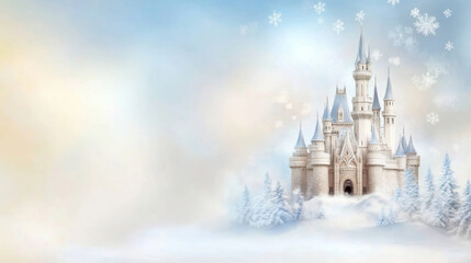 Fototapeta premium Majestic castle surrounded by a winter wonderland with falling snowflakes, AI
