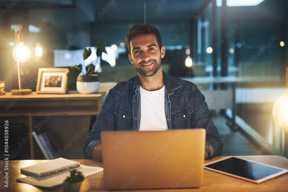 Poster office, laptop and portrait of businessman at night for website, research and online project. profes