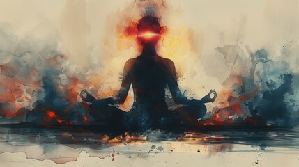 Obraz premium A watercolor illustration of a person sitting crosslegged hands resting on their knees as a beam of light shines down from a glowing third eye on their forehead. The image