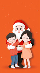 Fototapeta premium Joyful children embrace Santa Claus in festive scene, celebrating spirit of Christmas with smiles and warmth. vibrant orange background adds to cheerful atmosphere