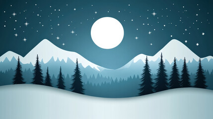 Naklejka premium serene winter landscape featuring snow covered mountains, tall evergreen trees, and bright full moon illuminating night sky filled with stars