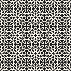 Simple vector monochrome seamless pattern. Abstract floral geometric ornament. Black and white background texture with curved shapes, flower silhouettes, grid, lattice. Repeated geo design for decor