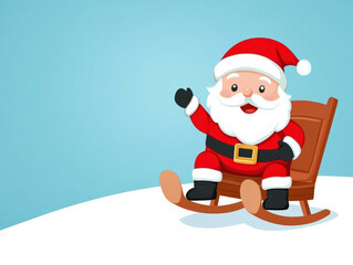 Obraz premium Cute Santa Claus waving while sitting on rocking chair in winter landscape, surrounded by snow and clear blue sky, spreading holiday cheer and joy