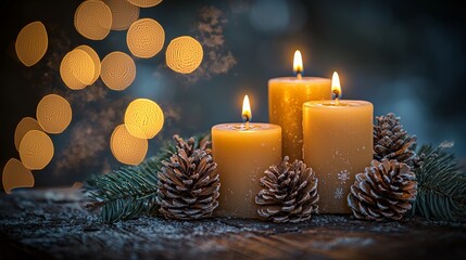 Lit candles with pinecones and holiday decor