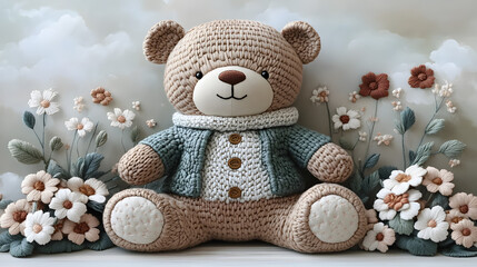 A Stylish Infant Package with Hand Embroidered Designs in Warm Earthy Tones Celebrating a Playful Teddy Bear Motif