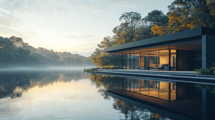 Fototapeta premium Modern lakeside house at sunrise with reflection