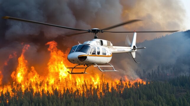A helicopter hovers above a forest fire at night, casting shadows over the mountains while flames flicker intensely among the dense trees below, creating a dramatic contrast